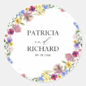 Elegante Boho Wilde Bloemen Bruiloft Ronde Sticker (Voorkant)