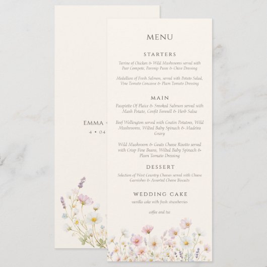 Elegante Boho wilde bloemen Script Bruiloft Menu (Voorkant / Achterkant)