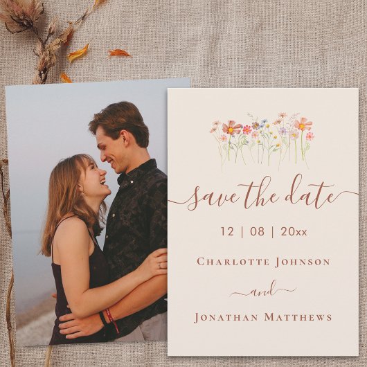 Elegante Boho Wilde Bloemenweide Foto Bruiloft Save The Date