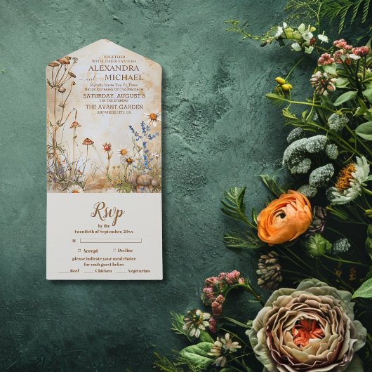 Elegante Boho Wildebloem Bruiloft All In One Uitnodiging