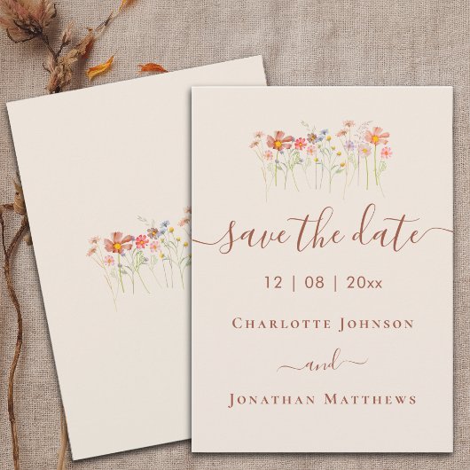 Elegante Boho Wildebloemenweide Bruiloft Save The Date