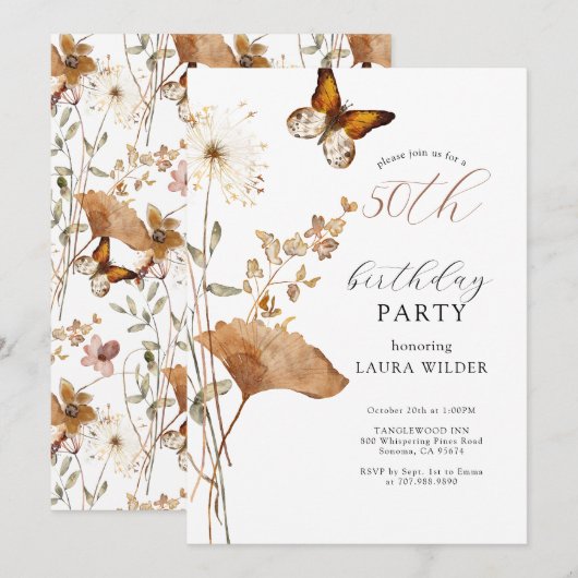 Elegante Boho Wildflower 50ste verjaardagsfeestje Kaart (Voorkant / Achterkant)