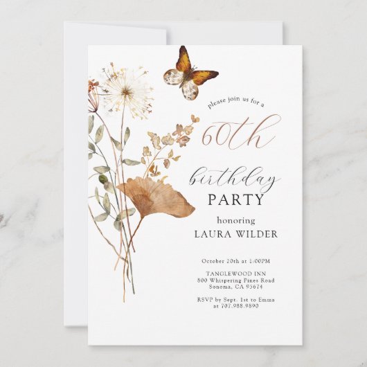 Elegante Boho Wildflower 60e verjaardagsfeestje Kaart (Voorkant)