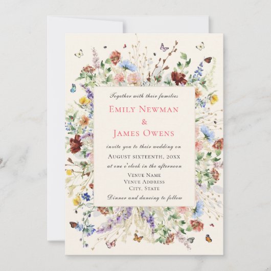 Elegante Boho Wildflower Bloemen Bruiloft Kaart (Voorkant)
