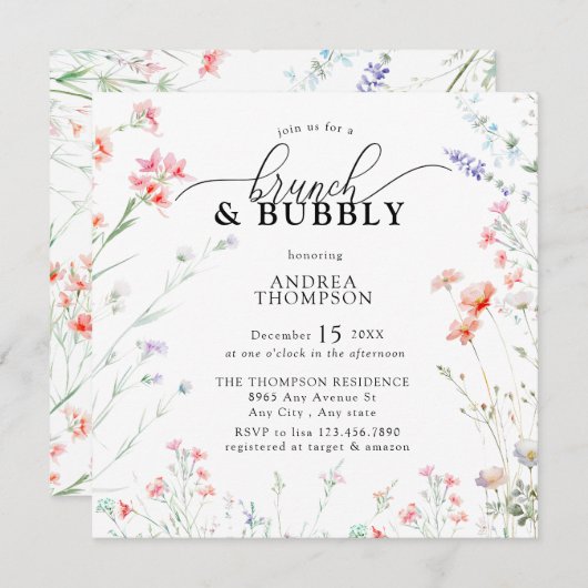 Elegante Boho Wildflower Bloemen Brunch Bubbly Kaart (Voorkant / Achterkant)