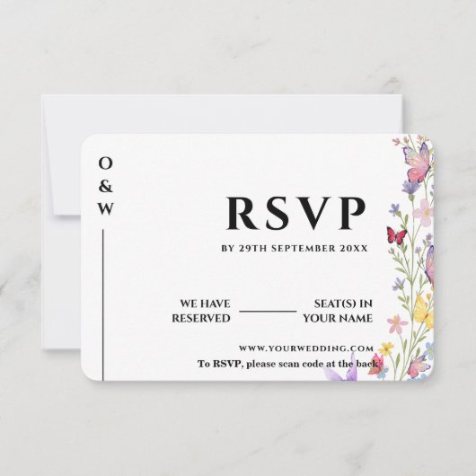 Elegante Boho Wildflower Bloemvlinders bruiloft RSVP Kaartje (Voorkant)