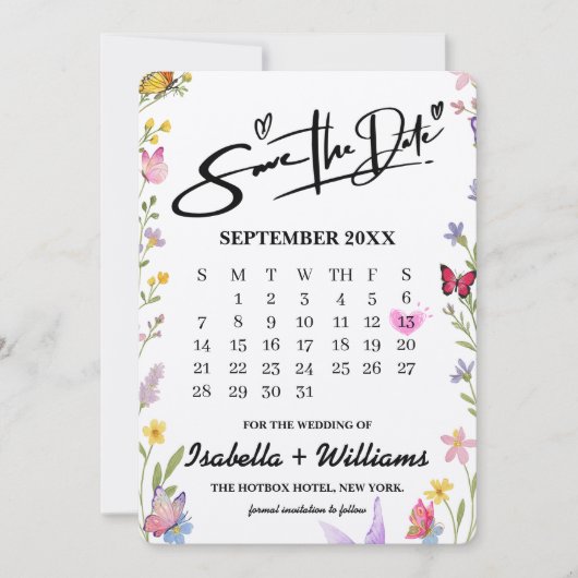 Elegante Boho Wildflower Bloemvlinders bruiloft Save The Date (Voorkant)