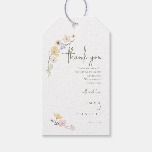 Elegante Boho wildflower Botanische Script bruilof Cadeaulabel (Voorkant)