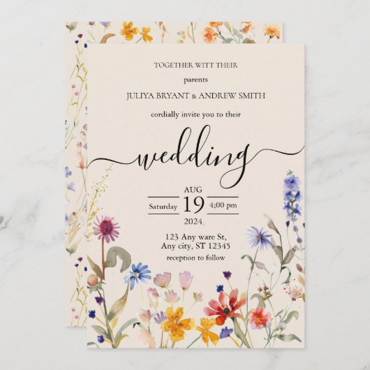 Elegante Boho wildflower bruiloft Kaart (Voorkant / Achterkant)