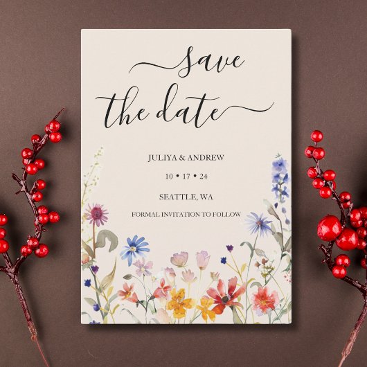 Elegante boho wildflower bruiloft save the date