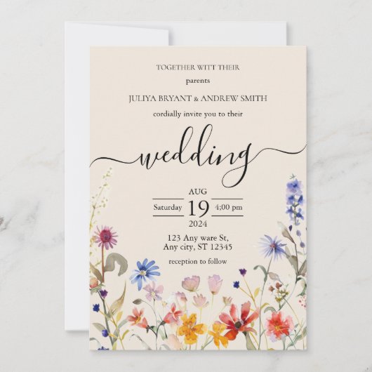 Elegante Boho wildflower bruiloft uitnodiging (Voorkant)