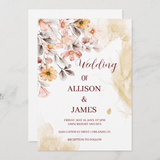 Elegante Boho Wildflower bruiloft uitnodiging (Voorkant / Achterkant)