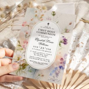 Elegante Boho Wildflower Eerste Heilige Communie Kaart