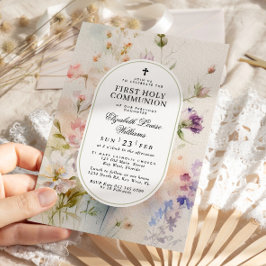 Elegante Boho Wildflower Eerste Heilige Communie Kaart