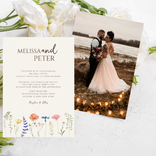 Elegante Boho Wildflower Foto Casual bruiloft Kaart