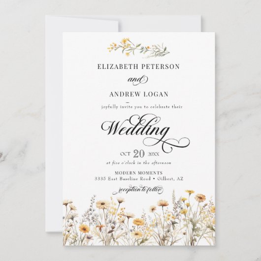 Elegante Boho Wildflower Kalligrafie bruiloft Kaart (Voorkant)