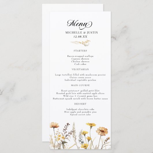 Elegante Boho Wildflower Kalligrafie bruiloft Menu (Voorkant / Achterkant)