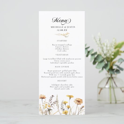 Elegante Boho Wildflower Kalligrafie bruiloft Menu (Staand voorkant)