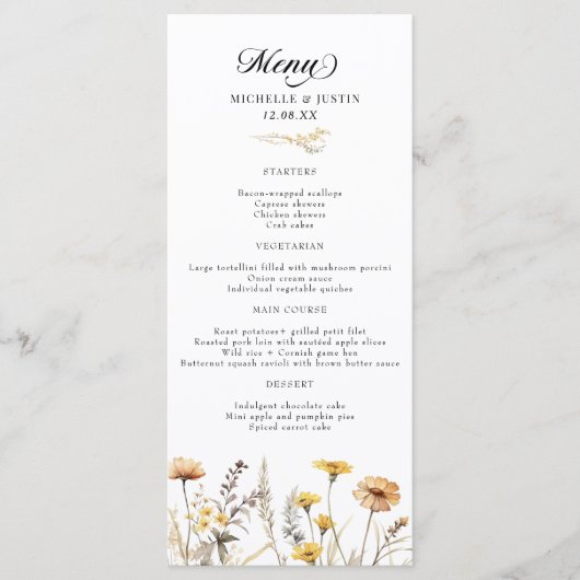 Elegante Boho Wildflower Kalligrafie bruiloft Menu (Voorkant)