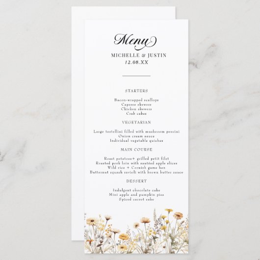 Elegante Boho Wildflower Kalligrafie bruiloft Menu (Voorkant / Achterkant)
