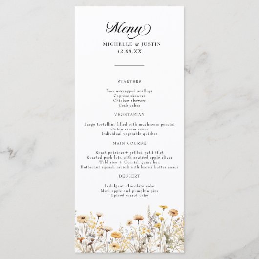 Elegante Boho Wildflower Kalligrafie bruiloft Menu (Voorkant)