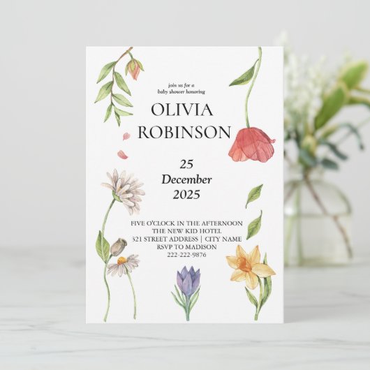 Elegante Boho Wildflower Meisje Baby Shower Kaart (Staand voorkant)