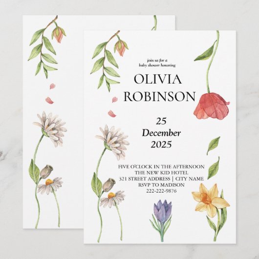 Elegante Boho Wildflower Meisje Baby Shower Kaart (Voorkant / Achterkant)