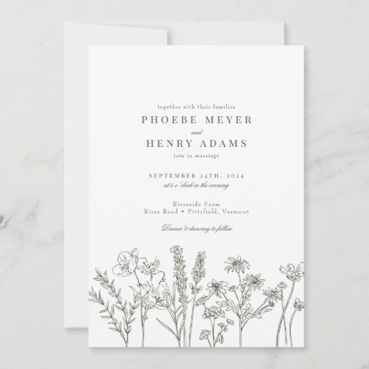 Elegante Boho Wildflower Olijf Groen Bruiloft Kaart (Voorkant)