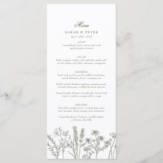 Elegante Boho Wildflower Olijf Groen Bruiloft Menu (Voorkant)