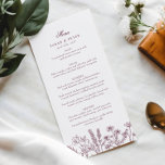 Elegante Boho Wildflower Paarse Bourgondische brui Menu<br><div class="desc">Verhoog uw speciale dag met ons prachtige Boho Wildflower Wedding Menu, prachtig ontworpen om uw romantische feest aan te vullen. Dit menu heeft een delicaat arrangement van handgeschilderde wilde bloemen in paarse en bordeauxrode tinten, waardoor een betoverende botanische sfeer ontstaat die de essentie van boho-elegantie vastlegt. Het rijke kleurenpalet harmoniseert...</div>