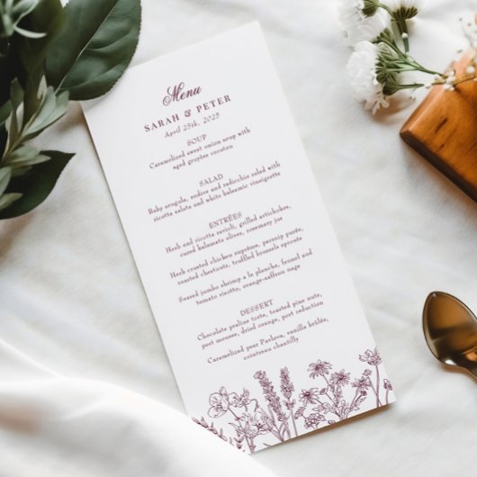 Elegante Boho Wildflower Paarse Bourgondische brui Menu