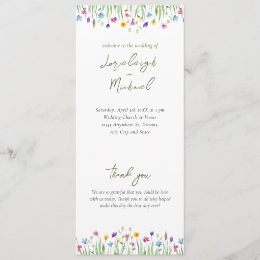 Elegante boho wildflower Script Wedding Programmakaart (Voorkant)