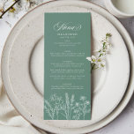 Elegante Boho Wildflower Spring Green Wedding Menu<br><div class="desc">Verhoog uw receptie met onze Elegant Boho Wildflower Spring Green Wedding Menu. Met delicate witte wilde bloemen op een frisse lentegroene achtergrond combineert dit ontwerp natuurlijke schoonheid met tijdloze elegantie. Perfect voor bruiloften met tuin- of lentethema, het toont prachtig uw culinaire aanbod terwijl het uw inrichting aanvult. Pas met uw...</div>