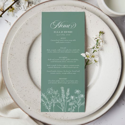 Elegante Boho Wildflower Spring Green Wedding Menu