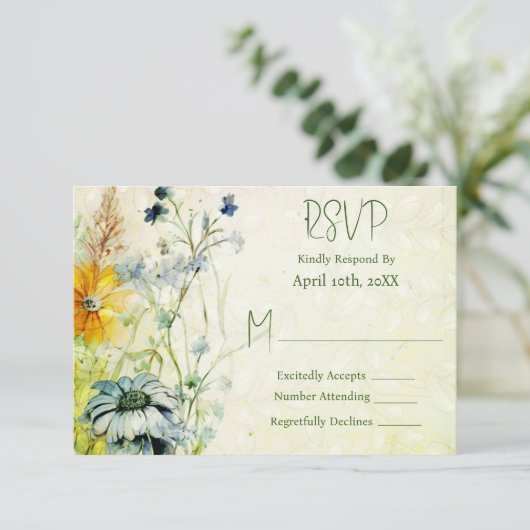 Elegante Boho Wildflower Tuin Bruiloft RSVP Kaartje (Staand voorkant)