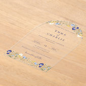 Elegante Boho Wildflowers blauw Script Wedding Acryl Uitnodigingen (Laagn)