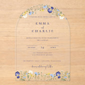 Elegante Boho Wildflowers blauw Script Wedding Acryl Uitnodigingen (Voorkant)