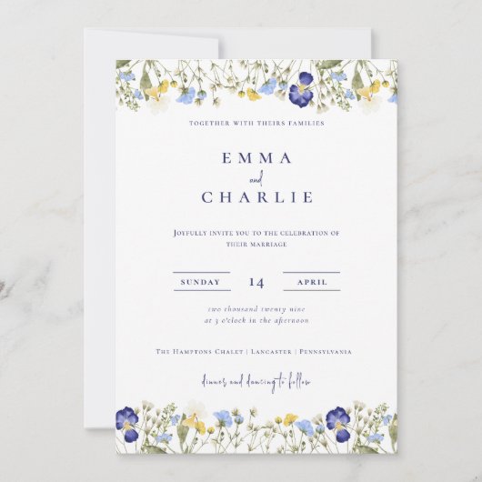 Elegante Boho Wildflowers blauw Script Wedding Kaart (Voorkant)