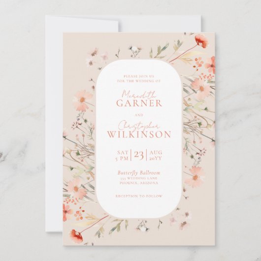 Elegante Boho Wildflowers Roze bruiloft Kaart (Voorkant)