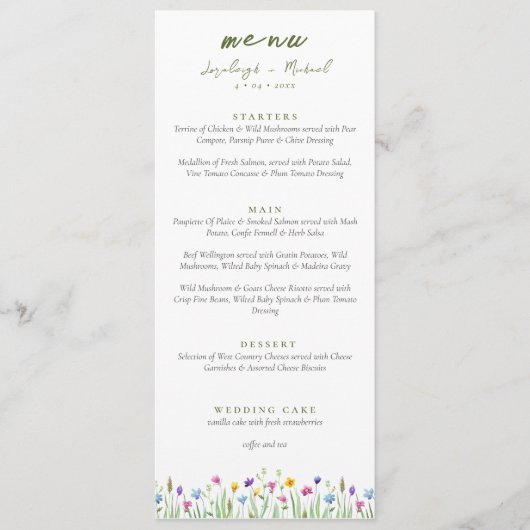 Elegante Boho wildflowers Script Wedding Menu (Voorkant)