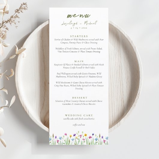 Elegante Boho wildflowers Script Wedding Menu