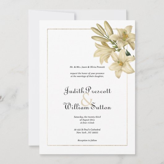 Elegante boho wit goud bloemenlelie bruiloft kaart (Voorkant)
