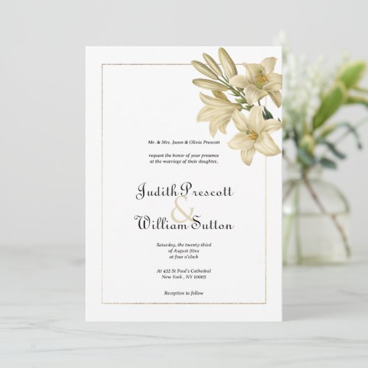 Elegante boho wit goud bloemenlelie bruiloft kaart (Staand voorkant)