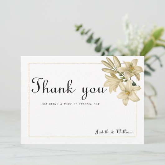 Elegante boho wit goud bloemenlelie Dank U Kaart (Staand voorkant)