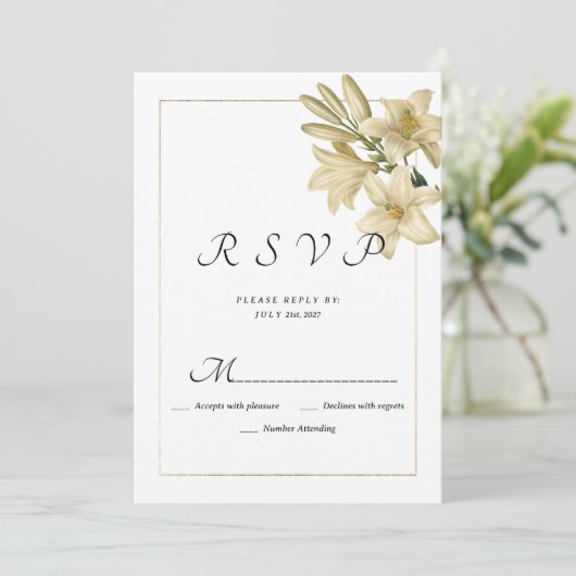 Elegante boho witgouden bloemenlelie RSVP Kaart (Staand voorkant)