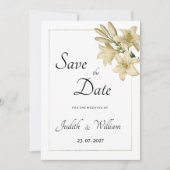 Elegante boho witgouden bloemenlelie Save the Date Kaart (Voorkant)