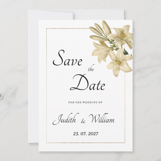 Elegante boho witgouden bloemenlelie Save the Date Kaart (Voorkant)