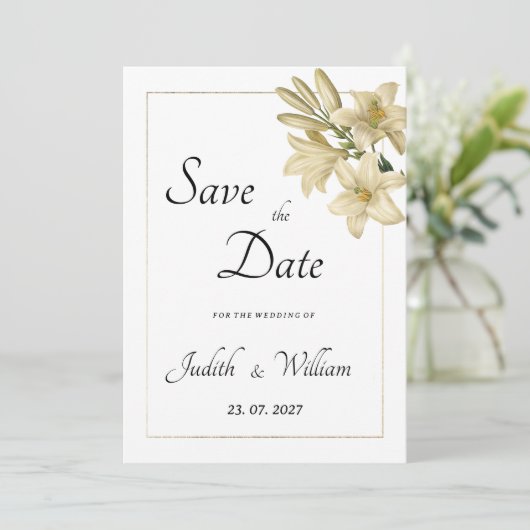 Elegante boho witgouden bloemenlelie Save the Date Kaart (Staand voorkant)