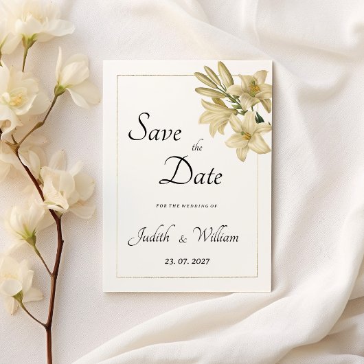Elegante boho witgouden bloemenlelie Save the Date Kaart
