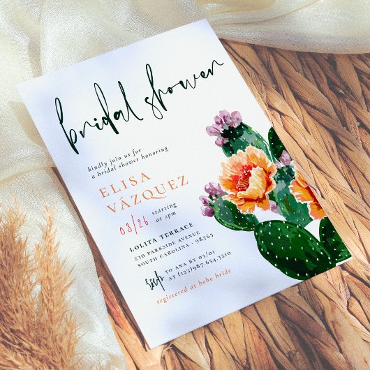 Elegante Boho Woestijn Cactus & Bloemen Bruidsborr Kaart